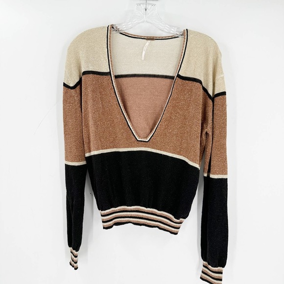 Free People Sweaters - Free People Gold Dust Linen Color Block Deep V-Neck Sweater FLAWED